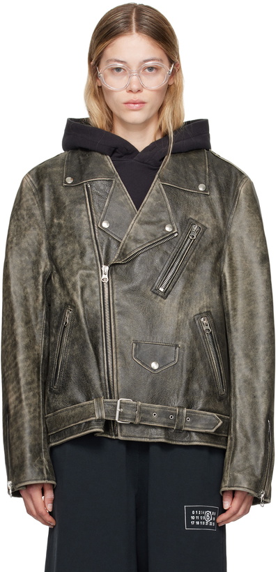Photo: MM6 Maison Margiela Brown Heavy Leather Biker Jacket