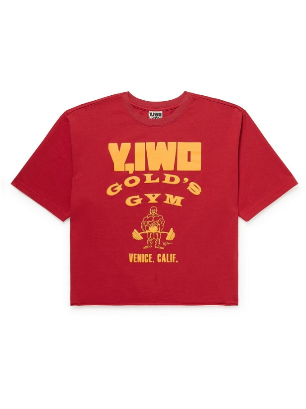 Photo: Y,IWO - Gold's Gym Cropped Logo-Print Cotton-Jersey T-Shirt - Red