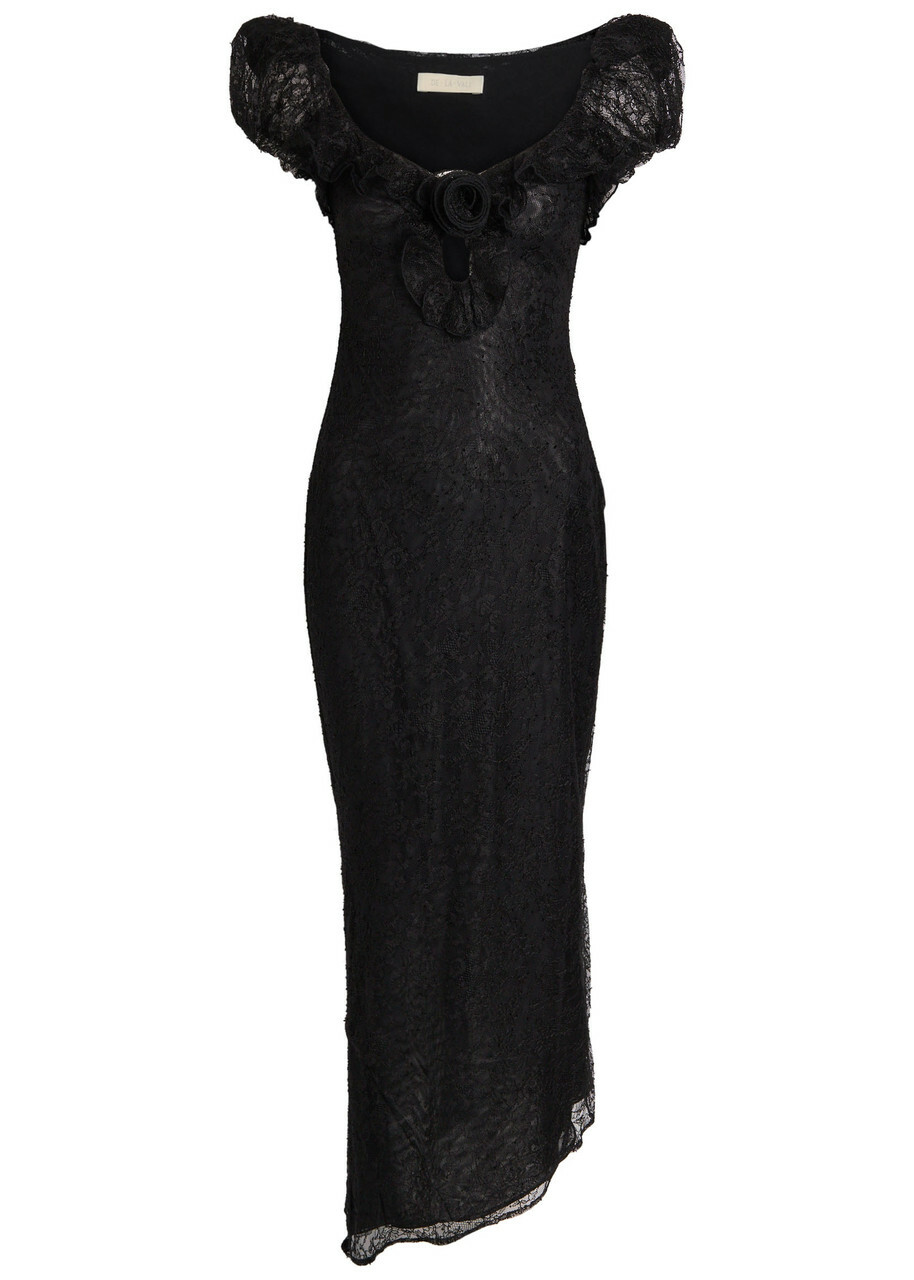 DE LA Vali Eden Ruffle-trimmed Lace Midi Dress Black