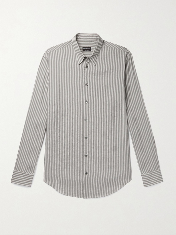 Photo: GIORGIO ARMANI - Slim-Fit Striped Cotton and Silk-Blend Shirt - Gray - 38