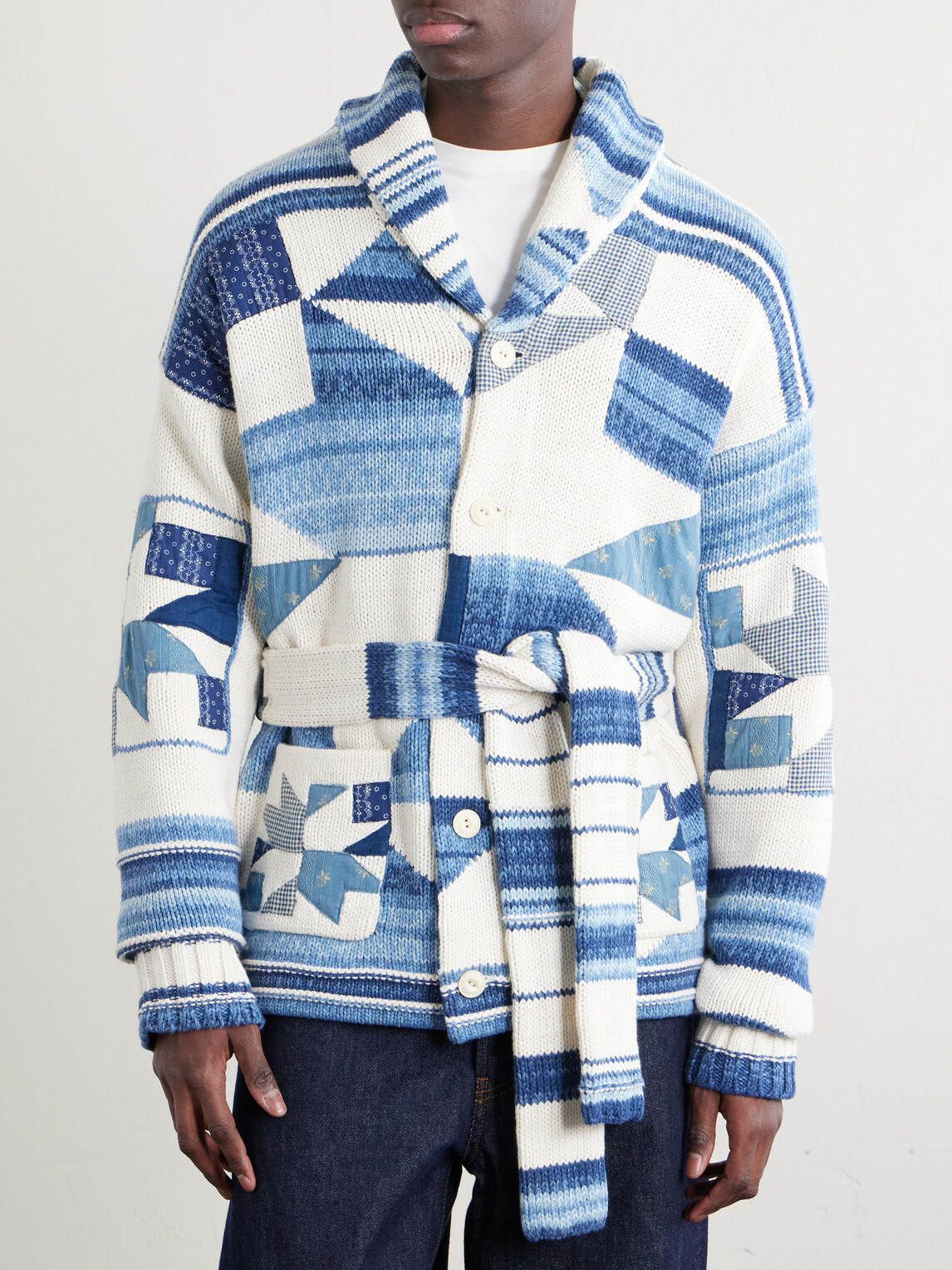 Polo Ralph Lauren - Shawl-Collar Patchwork Cotton and Linen-Blend Cardigan - Blue