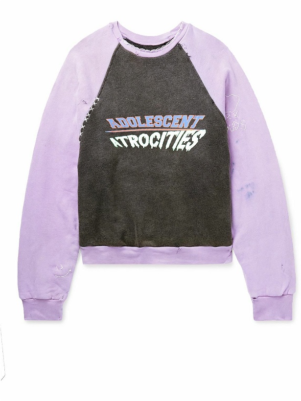 Photo: Liberal Youth Ministry - Adolescent Atrocities Printed Distressed Cotton-Blend Jersey Sweatshirt - Purple