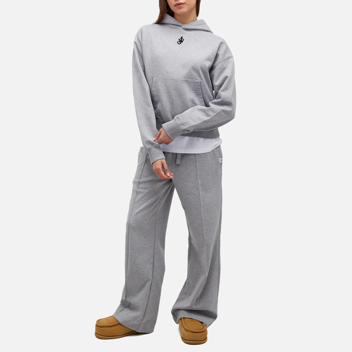 JW Anderson Women's Anchor Embroidery Cropped Hoodie in Grey Melange