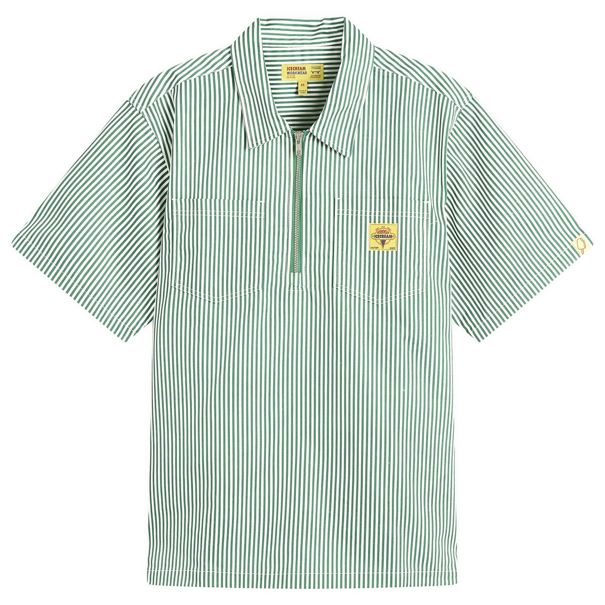 ICECREAM Men's IC Services Quarter Zip Work Shirt in Green/White stripe