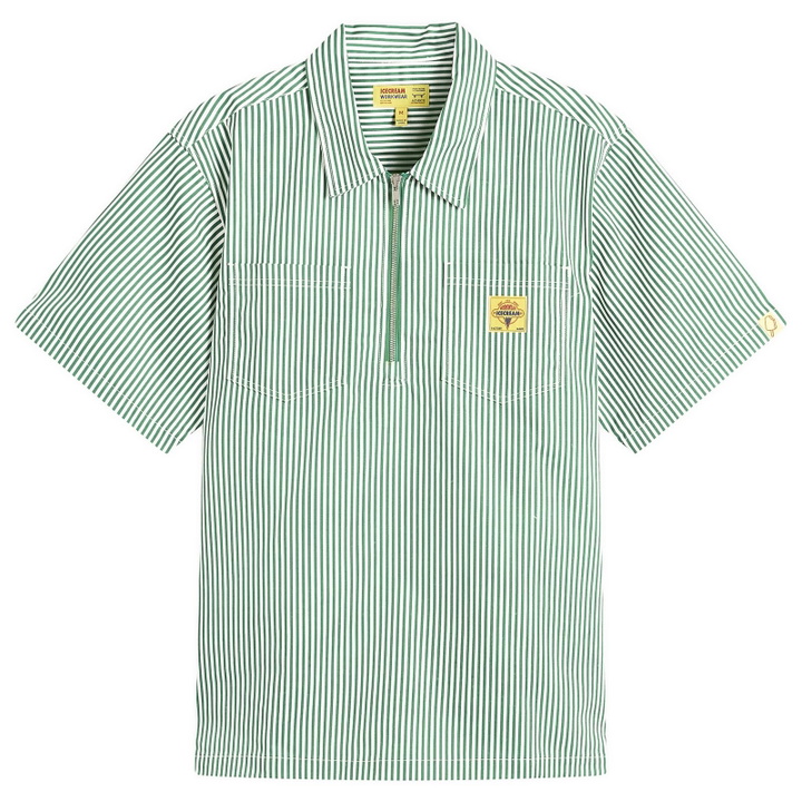 Photo: ICECREAM Men's IC Services Quarter Zip Work Shirt in Green/White stripe