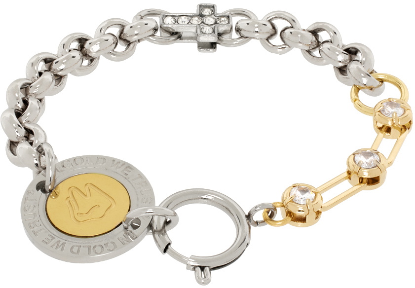 IN GOLD WE TRUST PARIS Silver & Gold Cross Charm & Logo Clasp Bracelet