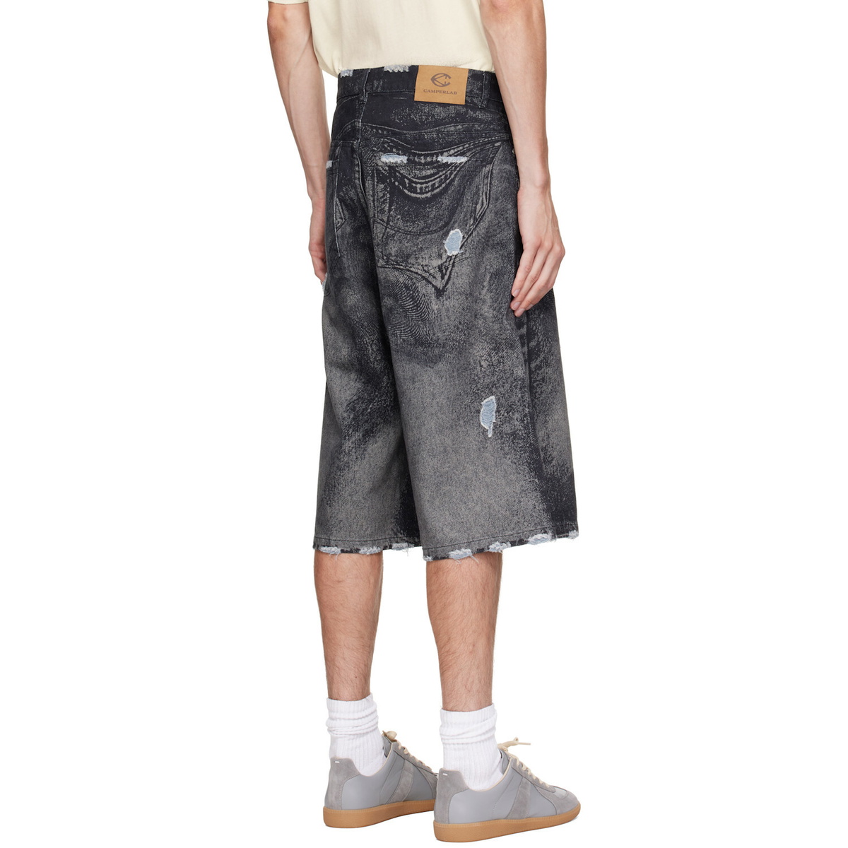 CAMPERLAB Black Distorted Print Distressed Denim Shorts