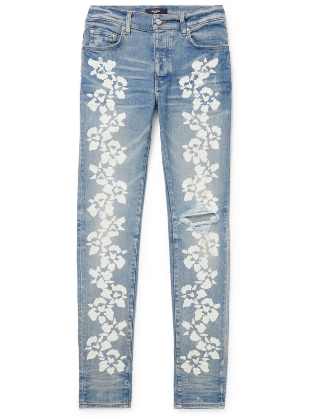 Photo: AMIRI - Hibiscus Skinny-Fit Distressed Printed Jeans - Blue