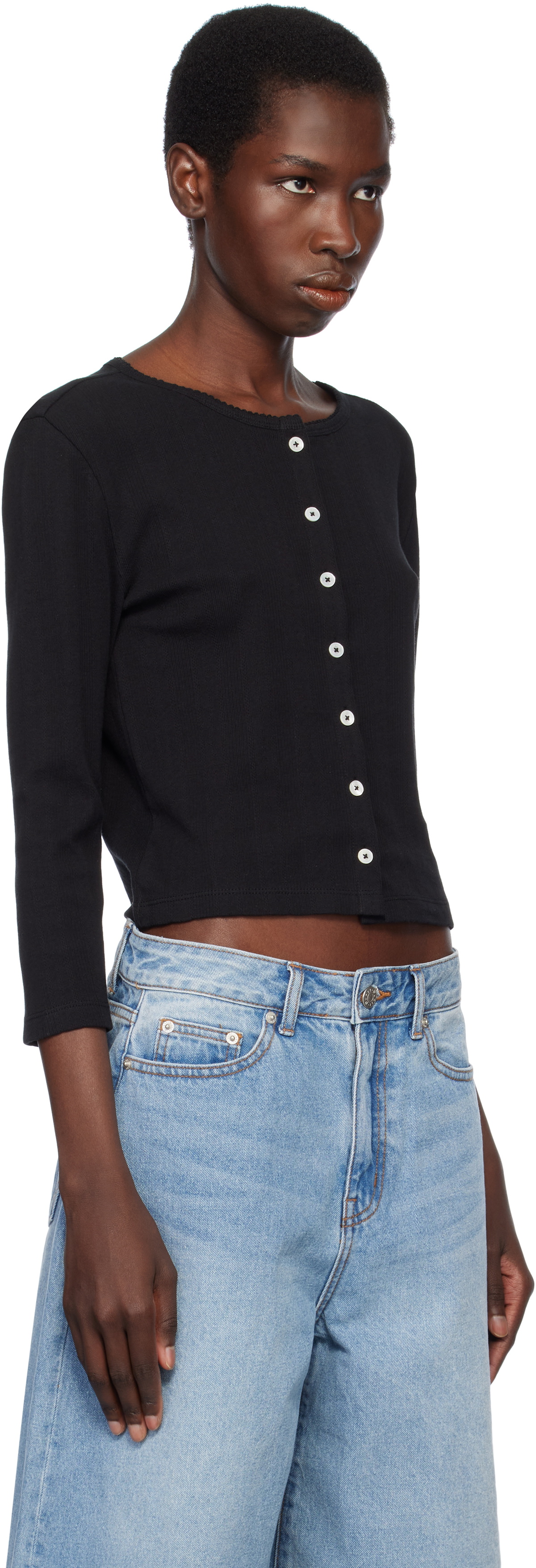 Dunst Black Pointelle Crewneck Cardigan