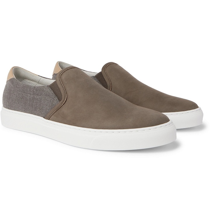 Photo: Brunello Cucinelli - Leather-Trimmed Nubuck and Canvas Slip-On Sneakers - Gray