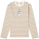 Maison Kitsuné Men's Cafe Kitsune Long Sleeve Coffee Cup Printed T-Shirt in Fox/White/Navy Stripes