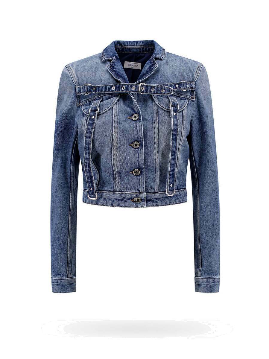 ジャケット Off-White Woman Jacket Blue OWYE048F23DEN001 4500 Off-White Blue Cropped Denim Motorcycle Jacket