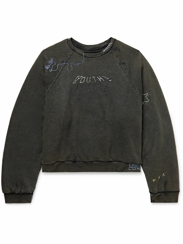 Photo: Liberal Youth Ministry - Embroidered Distressed Cotton-Blend Jersey Sweatshirt - Gray
