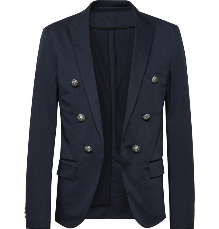 Photo: Balmain - Midnight-Blue Slim-Fit Double-Breasted Cotton-Blend Blazer - Midnight blue