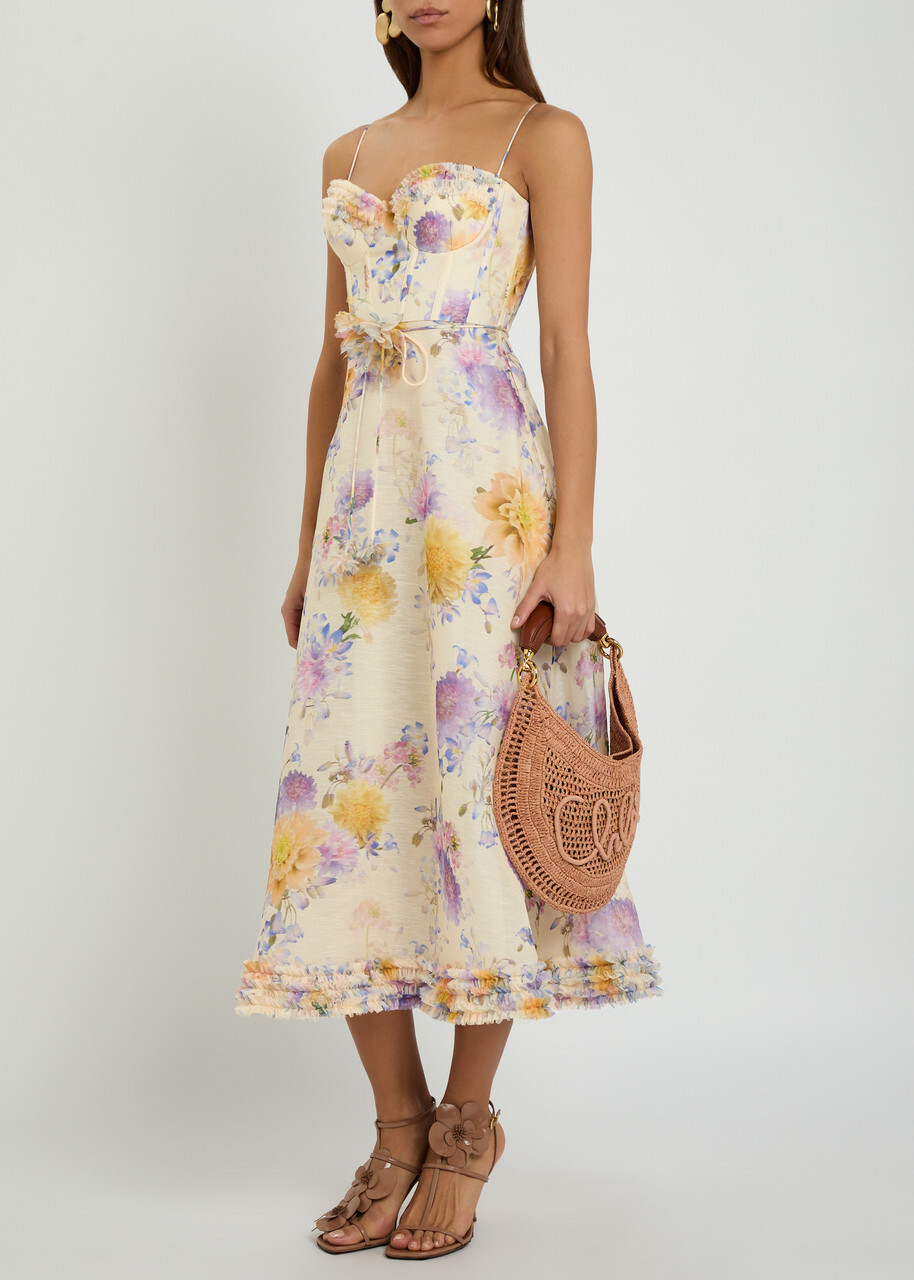Zimmermann Luna Floral-appliquéd Linen and Silk-blend Midi Dress Cream