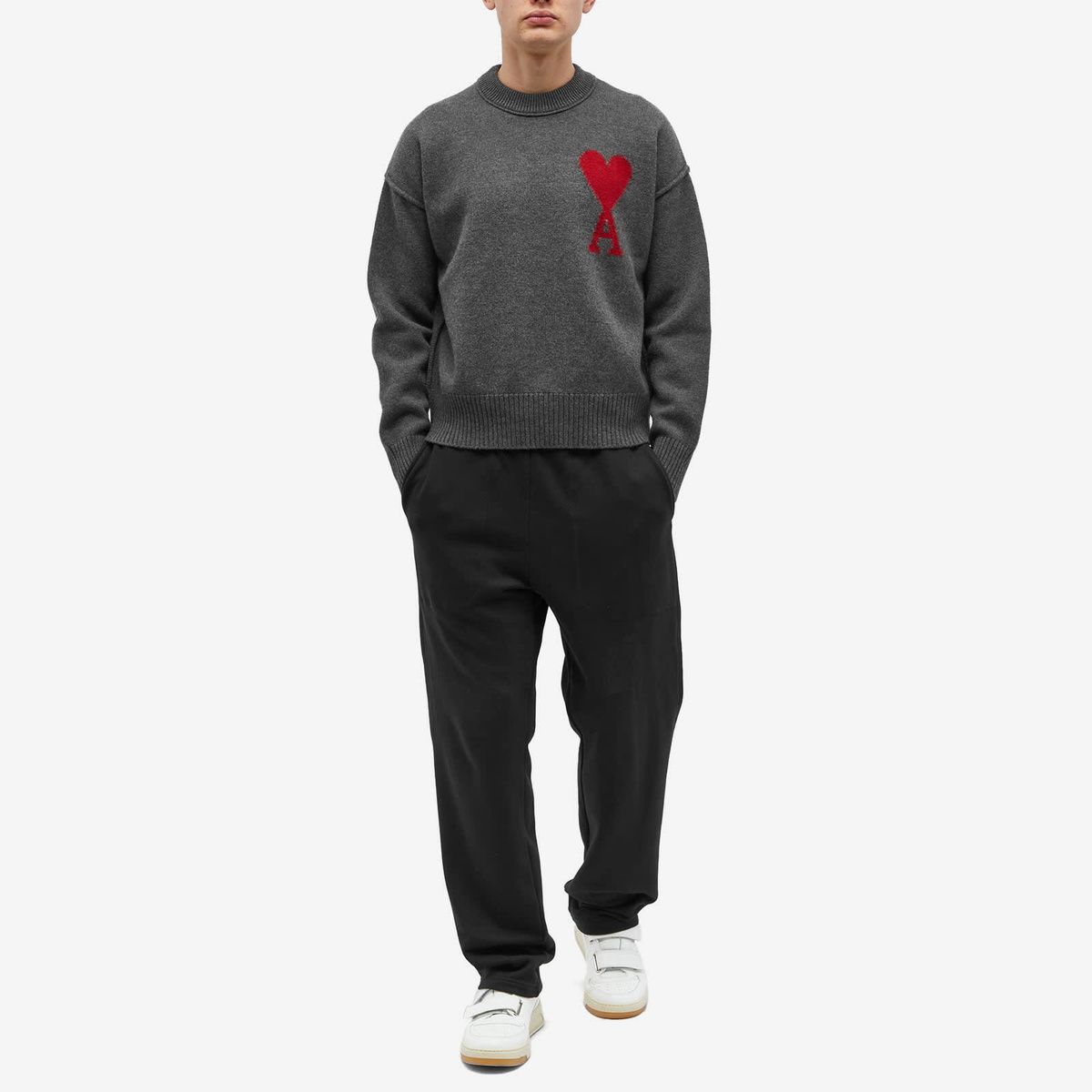 AMI Paris A Heart Crew Knit in Heather Grey/Red