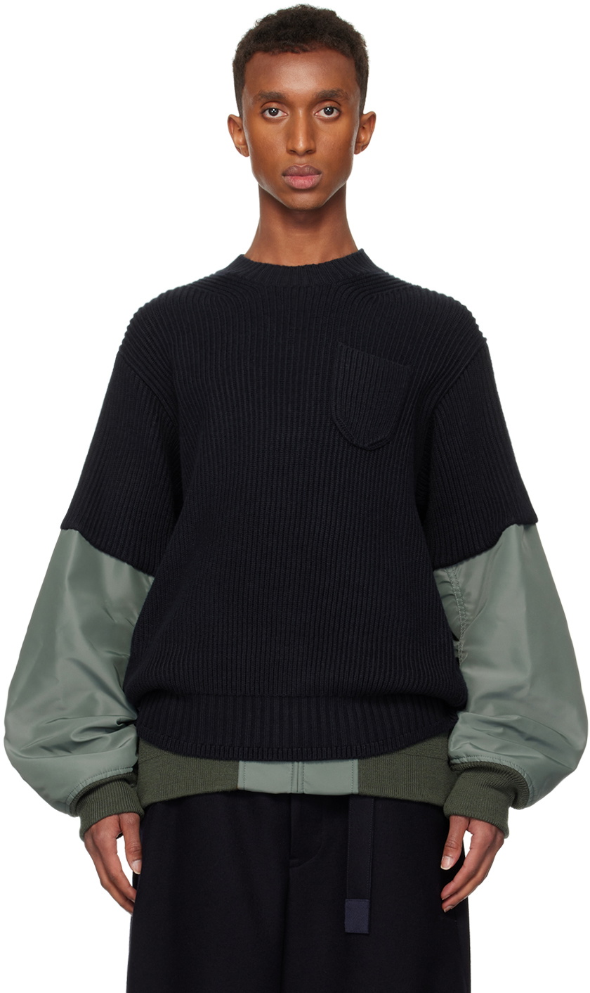 トップス Sacai Nylon Twill Knit Pullover sacai Navy & Khaki Nylon Twill Knit Sweater Sacai