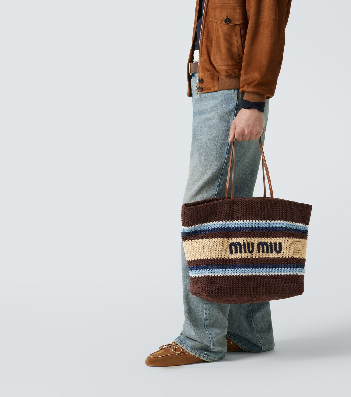 Miu Miu Logo striped raffia-effect shopper
