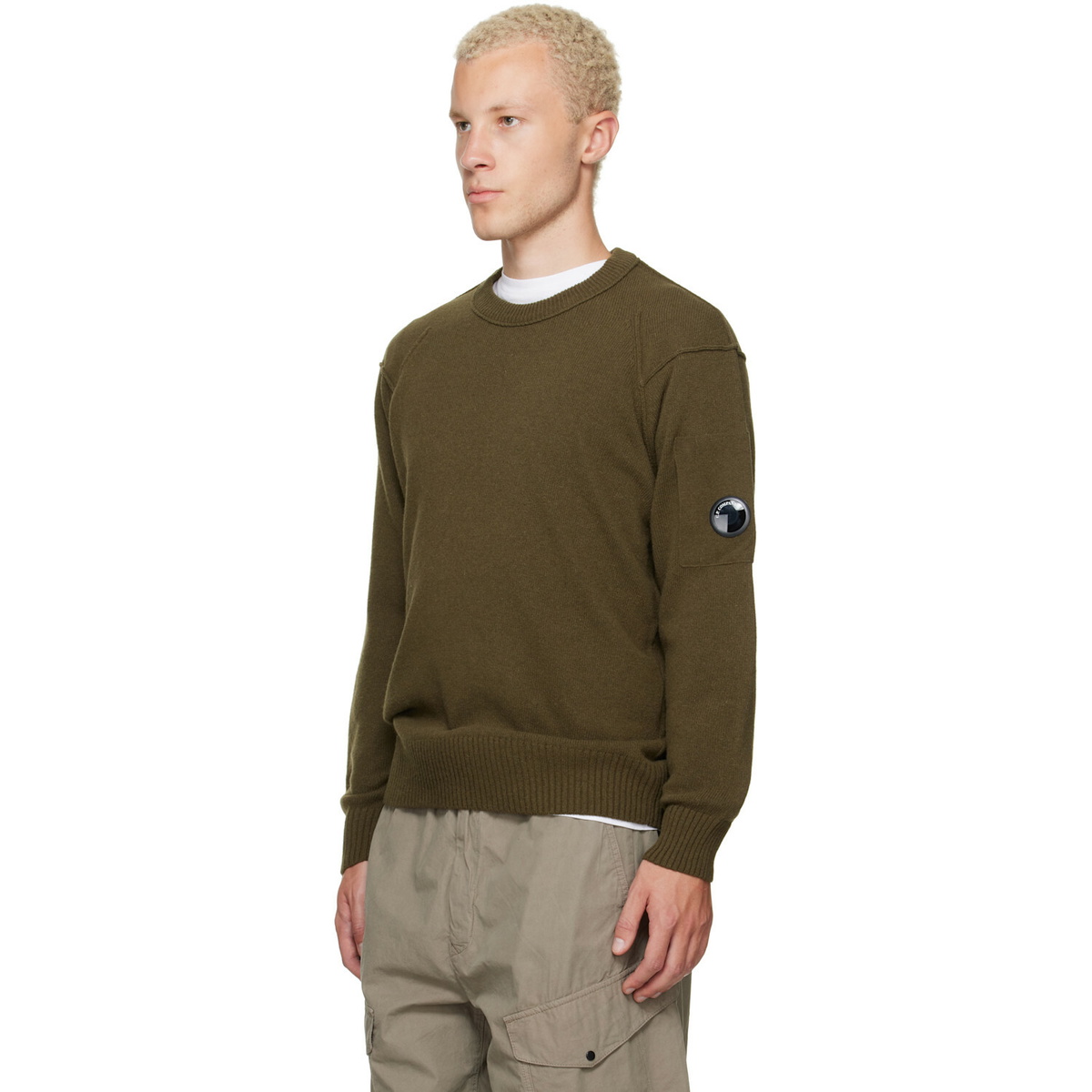 C.P. Company Khaki Lambswool Lens Crewneck Contrast Sweater