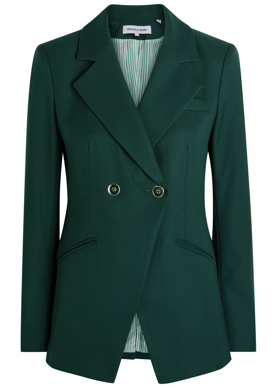 Veronica Beard Amos Double-breasted Woven Blazer Jacket Dark Green