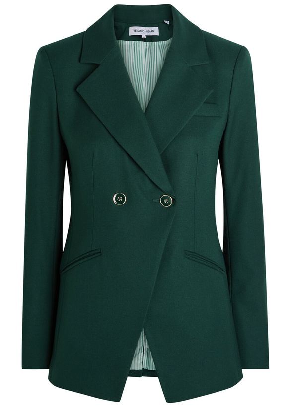 Photo: Veronica Beard Amos Double-breasted Woven Blazer Jacket Dark Green