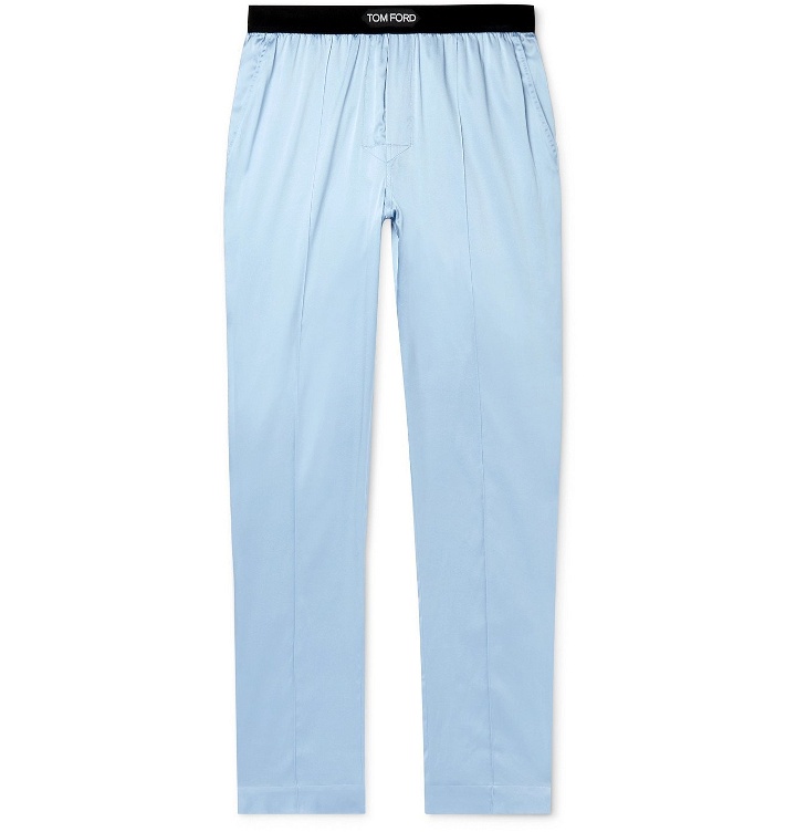 Photo: TOM FORD - Velvet-Trimmed Stretch Silk-Satin Pyjama Trousers - Blue