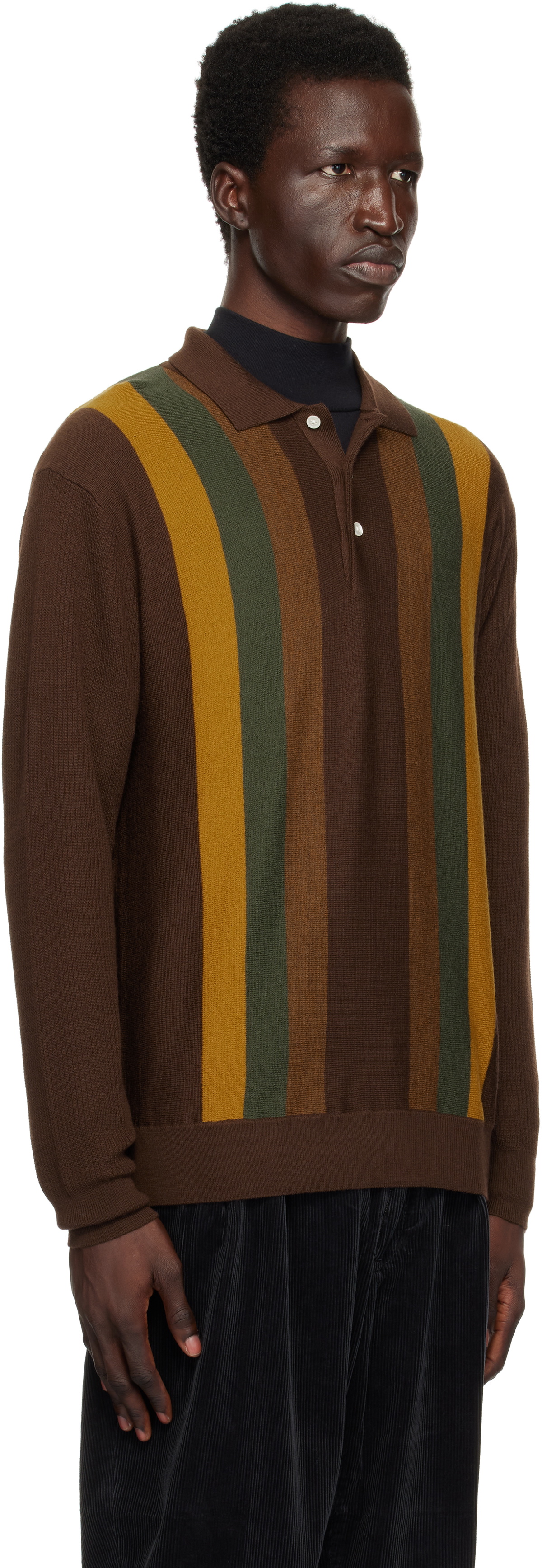 BEAMS PLUS Brown Knit Stripe Polo Beams Plus
