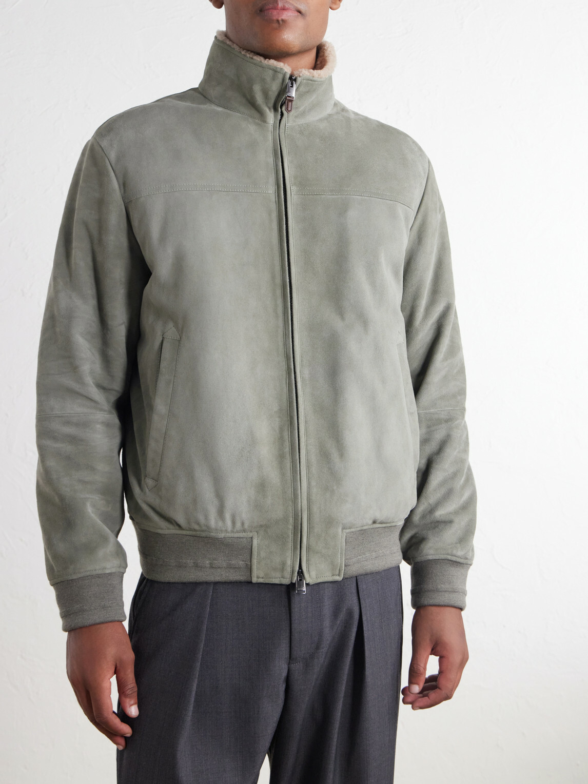Canali - Padded Shearling-Trimmed Suede Bomber Jacket - Green