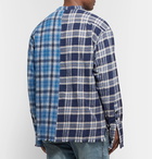 Greg Lauren - Grandad-Collar Distressed Checked Cotton-Flannel Shirt - Blue