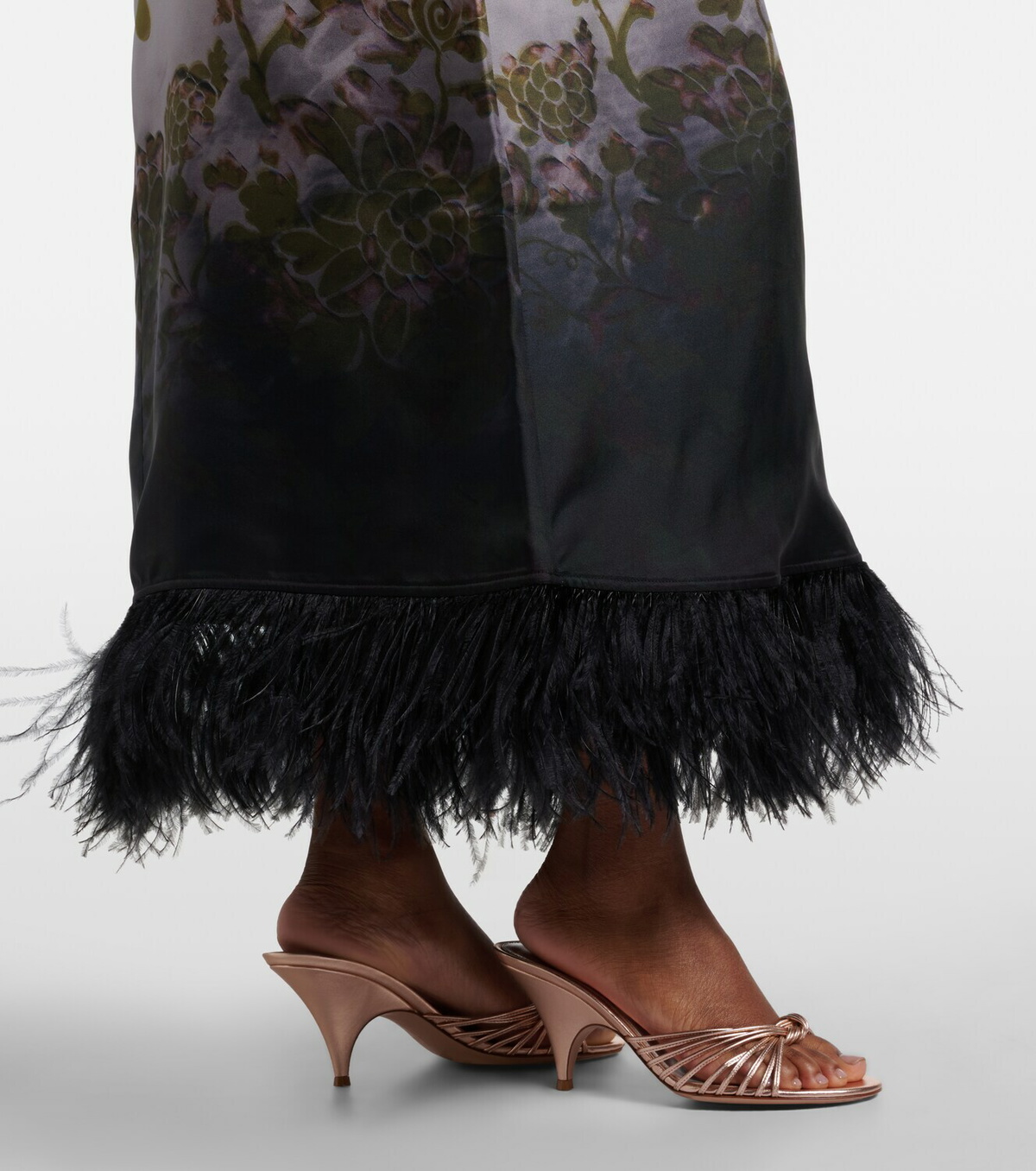 La DoubleJ Swing feather-trimmed floral silk twill maxi dress