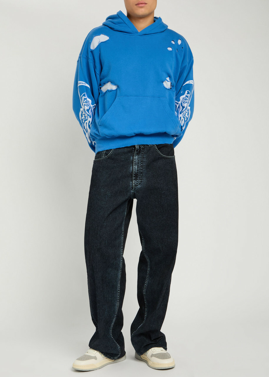 Warren Lotas Serenity Reaper Distressed Detailed Hooded Cotton Sweatshirt Blue