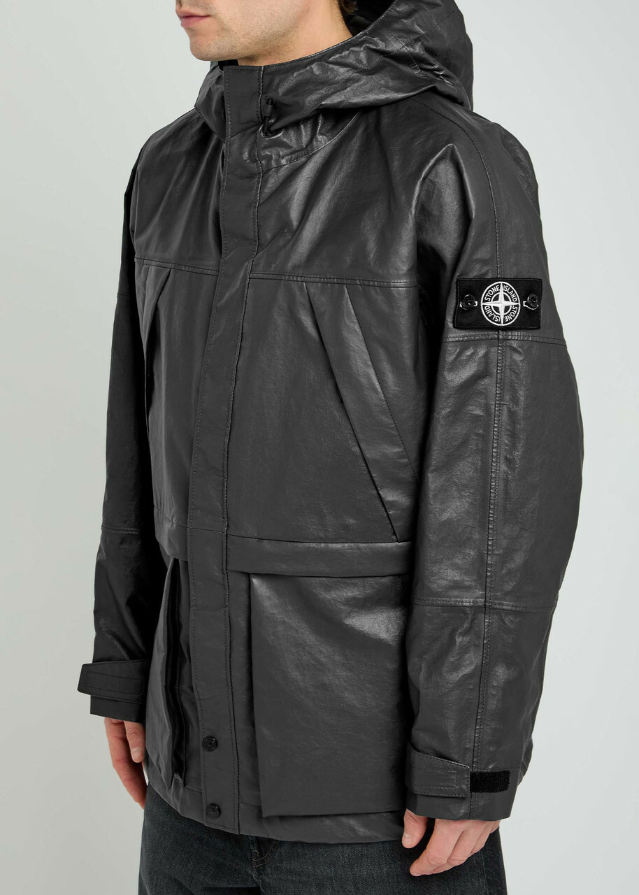Stone Island Logo Panelled Hooded Leather Jacket Charcoal