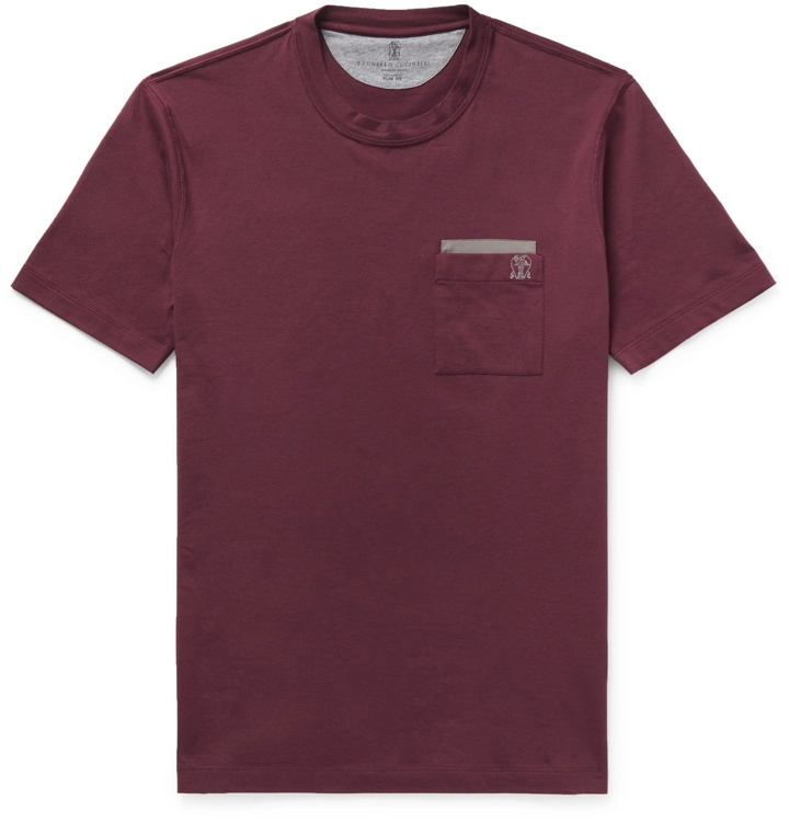 Photo: Brunello Cucinelli - Contrast-Trimmed Cotton-Jersey T-Shirt - Burgundy