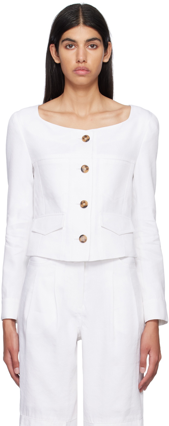 J KOO White Boat Neck Blazer