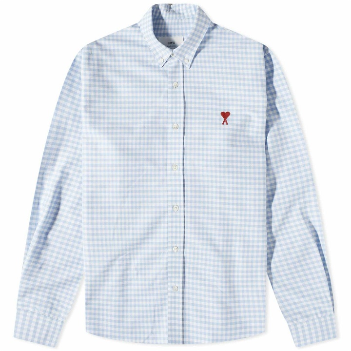 Photo: AMI Men's Heart Gingham Button Down Oxford Shirt in Sky Blue/White