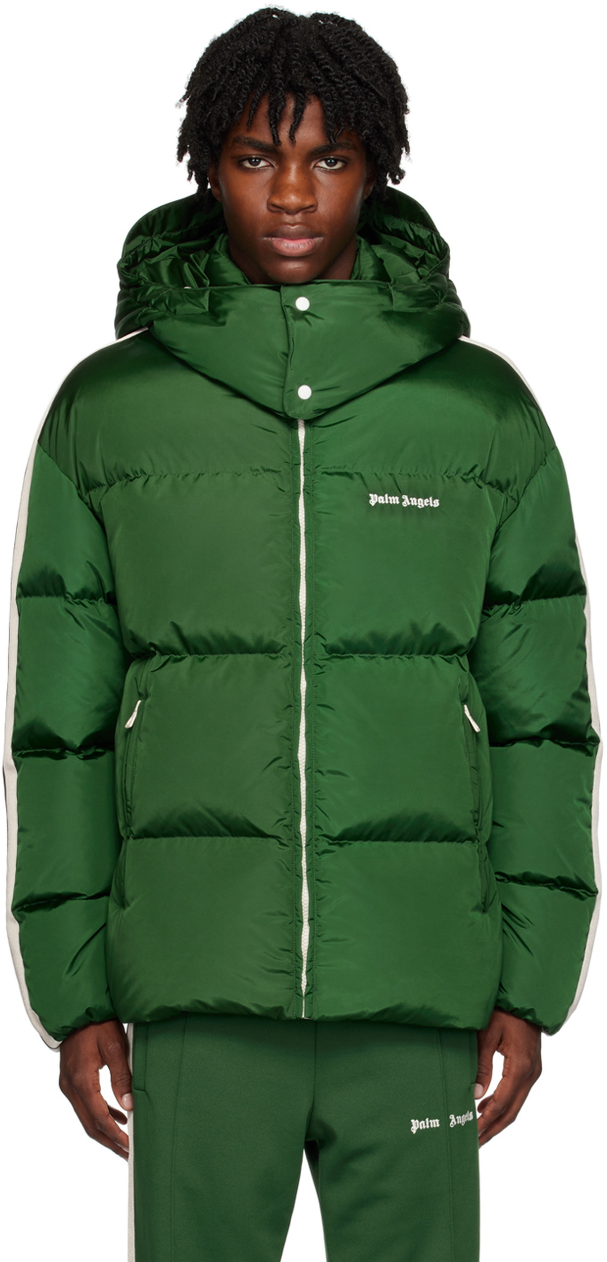 Palm Angels Green Hooded Down Jacket Palm Angels