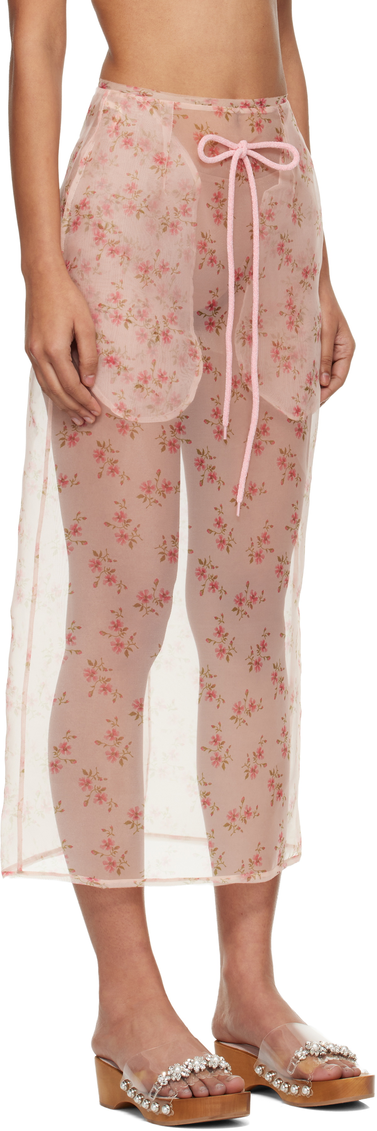 Simone Rocha Pink Sheer Frayed Column Pencil Midi Skirt