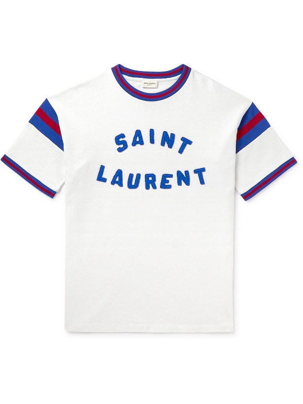 Photo: SAINT LAURENT - Slim-Fit Logo-Appliquéd Striped Cotton-Blend Jersey T-Shirt - White