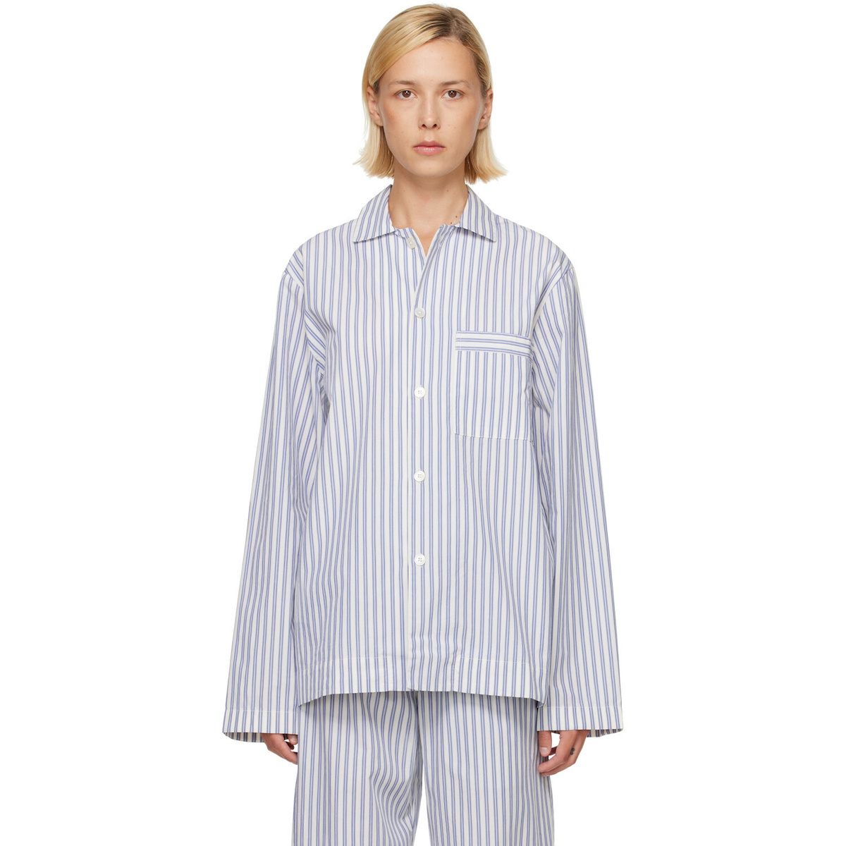 Tekla Blue & White Poplin Long-Sleeved Pyjama Shirt