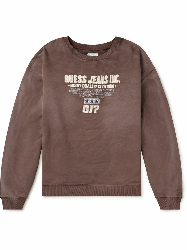 Photo: Guess USA - Distressed Logo-Embroidered Cotton-Jersey Sweatshirt - Brown