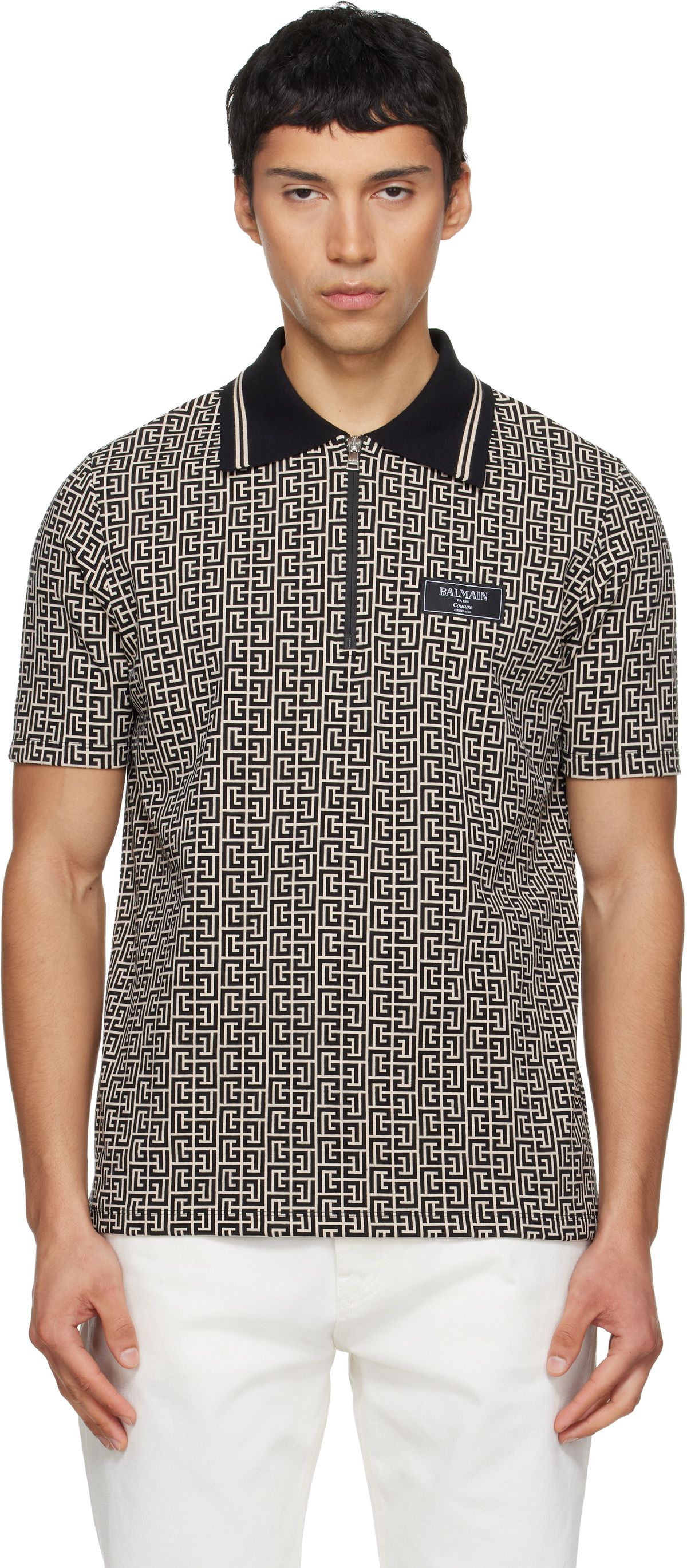 Balmain Black & Beige Monogram Polo