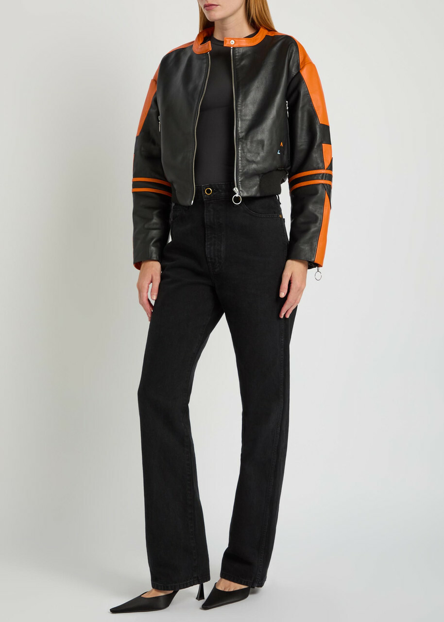 AN-Y1 Biker Padded Colour-blocked Leather Jacket Black