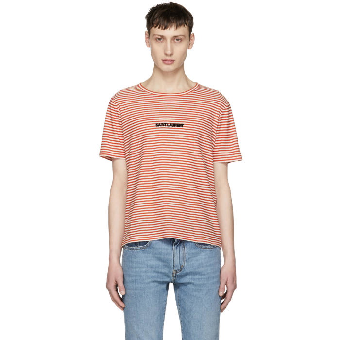 Photo: Saint Laurent White and Red Striped Logo T-Shirt