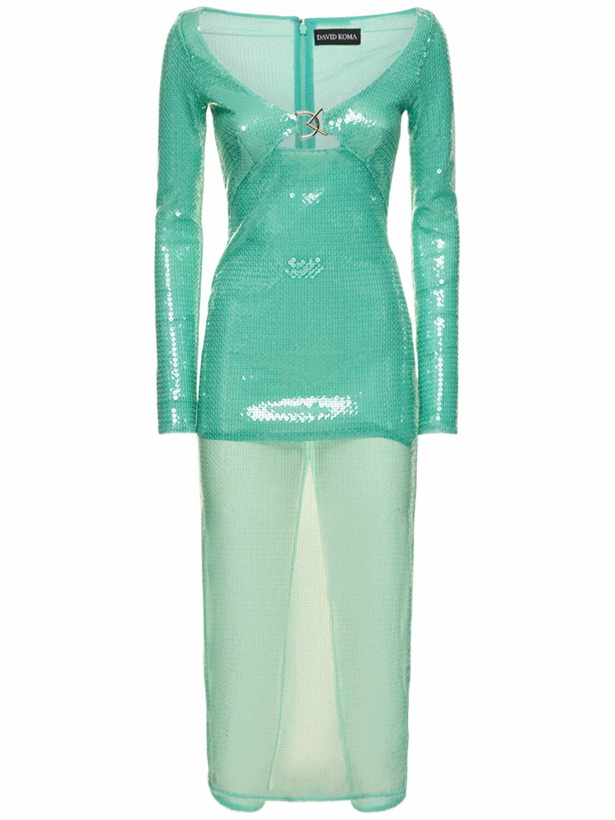 Photo: DAVID KOMA - Logo Buckle Sequined Midi Dress