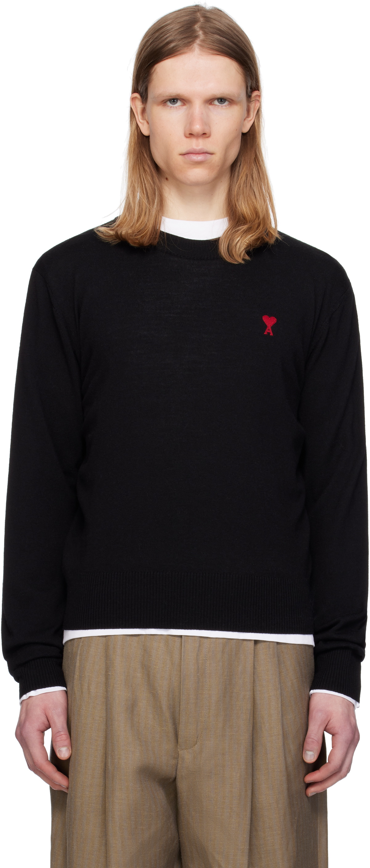 AMI Paris Black Wool Ami de Coeur Crew Neck Sweater