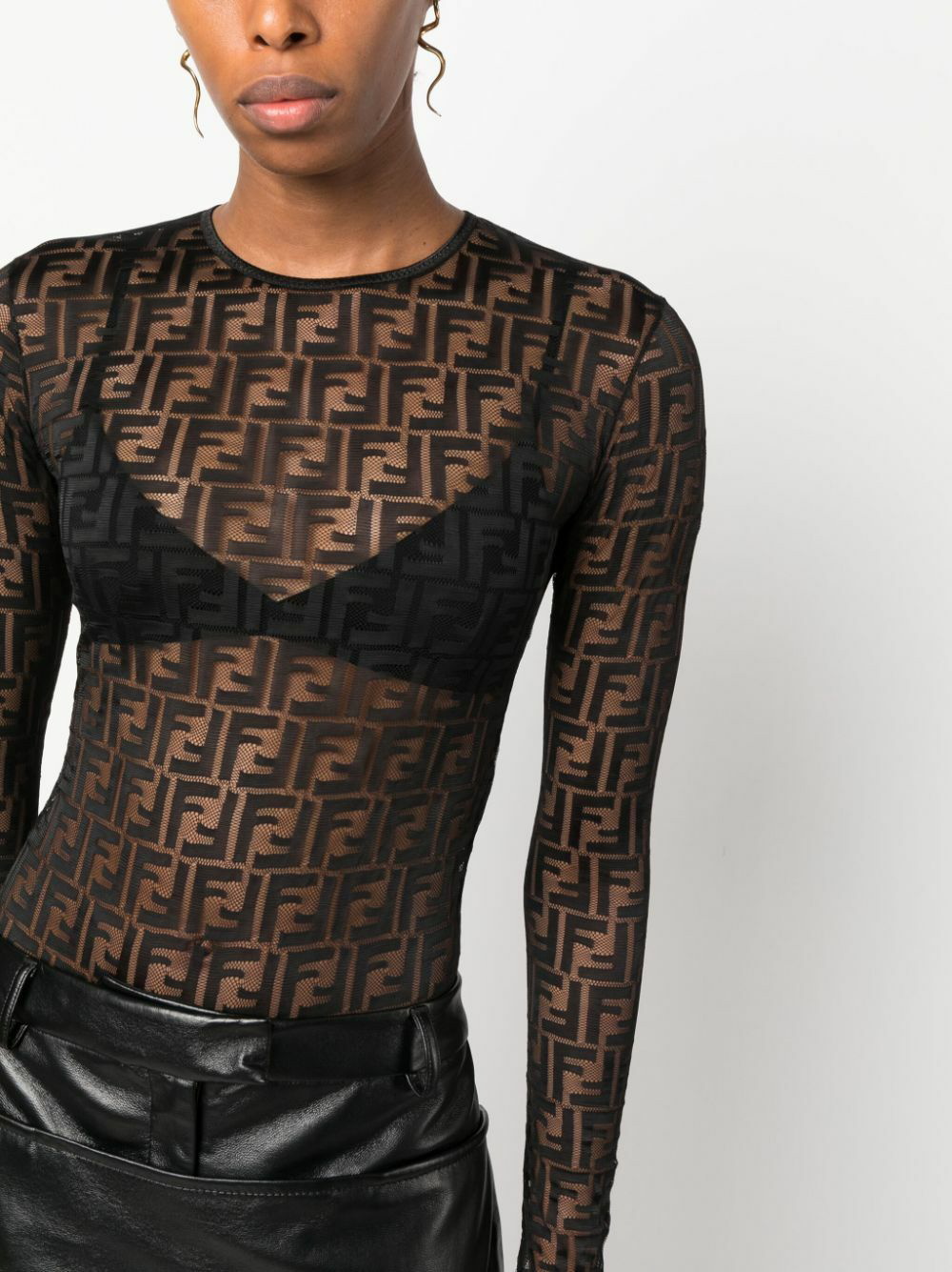 Stretch-mesh bodysuit and bra set in black - Fendi