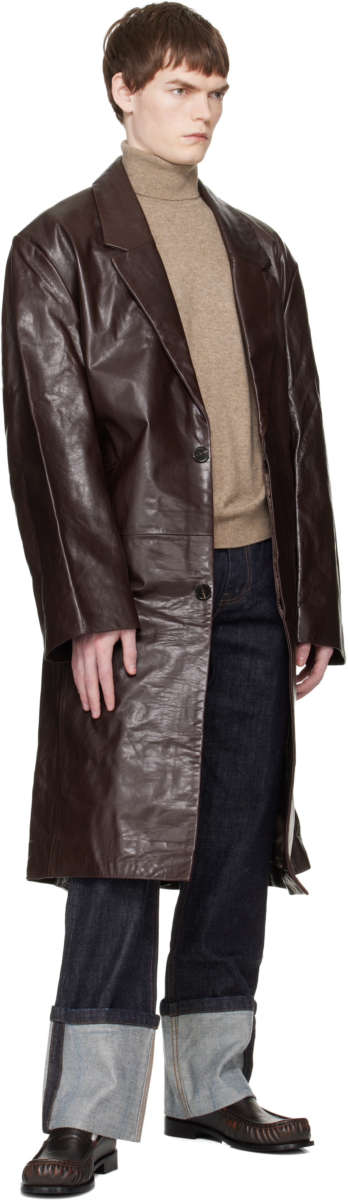 Entire Studios Brown Single Breasted Leather Coat