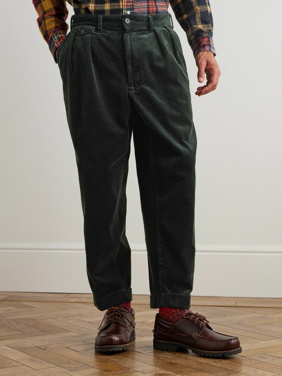 Beams Plus - Cropped Pleated Cotton-Corduroy Trousers - Gray