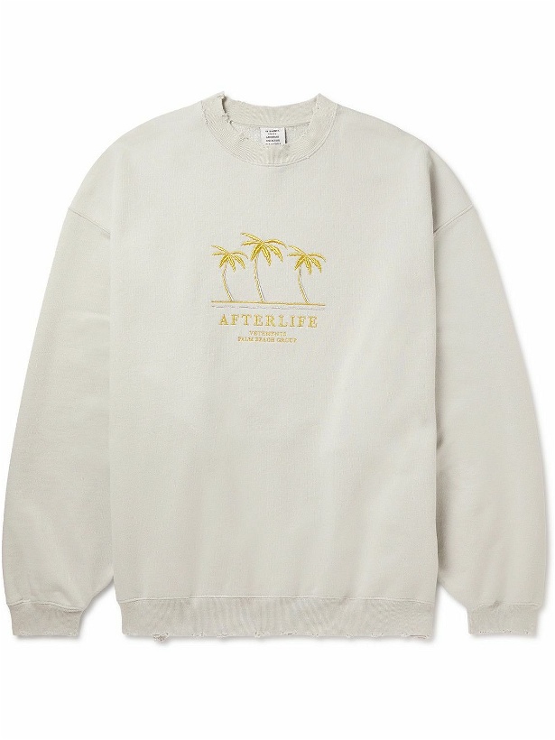 Photo: VETEMENTS - Oversized Embroidered Distressed Cotton-Blend Jersey Sweatshirt - White