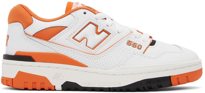 Photo: New Balance White & Orange 550 Sneakers